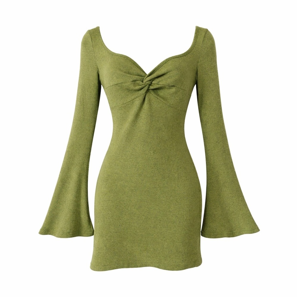 Babydoll Mini Dress Twist Knot Front Long Bell Sleeve Retro Y2K Avocado Green XS